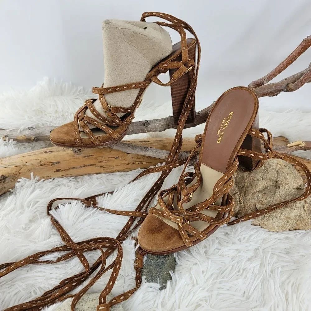 Michael Kors collection brown block heel shoes wrap style